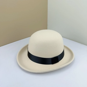 Classic cream wide brim wool felt jazz fedora hat with elegant black ribbon band detail
