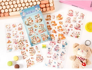 Detailed set of 6 cartoon cat stickers for planners and scrapbooking decoration