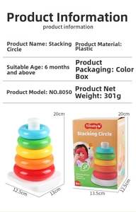 Detailed dimensions and packaging of a five-layer colorful stacking ring tower toy