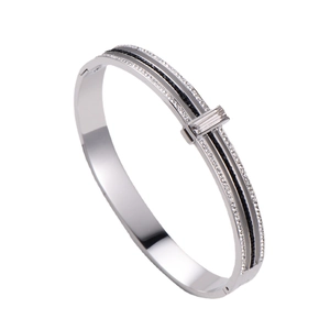 Women's silver stainless steel bangle with white rhinestones and black enamel stripe