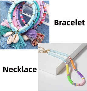 Detailed view of bohemian clay bead jewelry set featuring tassels and shell charms