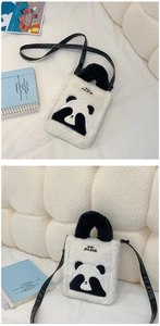 Detail of cute plush panda crossbody bag with Angry Panda embroidery and soft lamb fleece texture