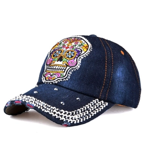 Unisex denim baseball cap with Mexican sugar skull embroidery and sparkling rhinestones