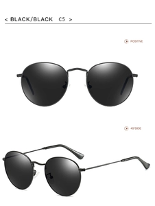 Detail view of round black polarized sunglasses with thin metal frame in front and side angles