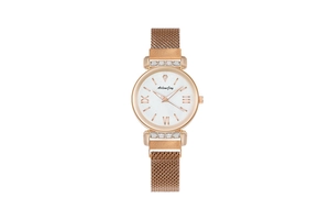Detailed macro view of elegant rose gold mesh strap and crystal-studded lugs on ladies watch