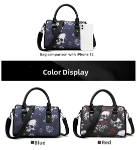 Size comparison of Boston crossbody bag with skull pattern and iPhone 12