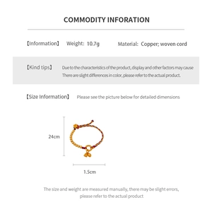 Detail of woven cord bracelet with copper lotus bud charm and specific product dimensions