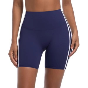 High-waisted navy blue yoga shorts with three white side stripes and supportive fit