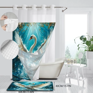 Double-layer waterproof shower curtain with swan print and matching anti-slip bathroom mat set
