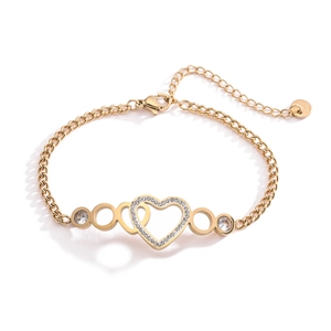 18K gold plated stainless steel heart bracelet with zircon stones on white background
