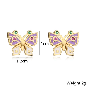 Detail of 18K gold-plated butterfly stud earrings showing dimensions 1cm by 1.2cm