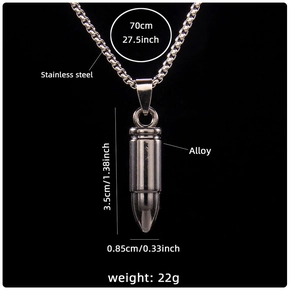 Detailed size specifications for bullet pendant necklace with chain length and dimensions