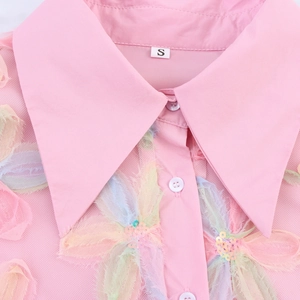 Pink puff sleeve blouse with floral embroidery and sequins details on mesh fabric