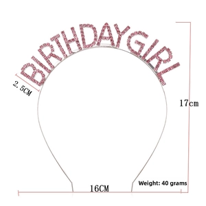 Detailed dimensions of silver rhinestone BIRTHDAY girl headband with sizing markers