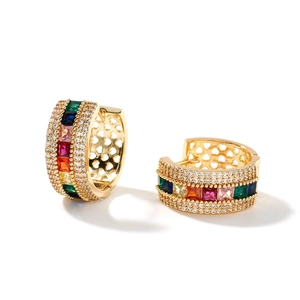 Golden hoop earrings with rainbow gemstones and micro-paved cubic zirconia accents