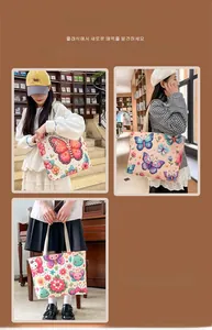 Three ethnic butterfly print canvas tote bags shown in artistic library and piano settings
