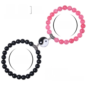 8mm natural rose quartz and matte black stone Yin Yang magnetic couples bracelets set