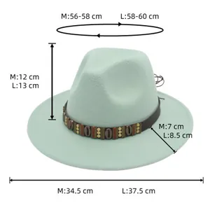Detailed size chart for mint green fedora hat showing M and L head circumference and brim