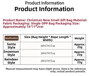 Detailed size chart for Santa, Snowman and Reindeer cartoon Christmas candy gift bags