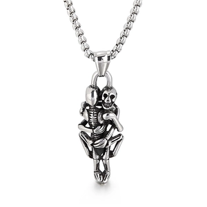 Vintage silver titanium steel pendant featuring two skeletons embracing and holding a sword