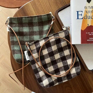 Retro Plaid Woolen Crossbody Phone Bag Small Literary Messenger For Women With Leather Strap And Canvas Lining