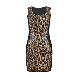 Detail of leopard print sequins and lace stitching on a slim sleeveless bodycon dress