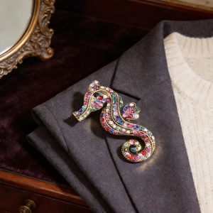 Vintage Seahorse Brooch Colorful Rhinestone Alloy Animal Lapel Pin For Women Men Suit Sweater Coat Accessory Elegant Jewelry