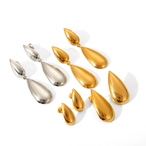 Polished stainless steel teardrop earrings in gold and silver finishes on white background