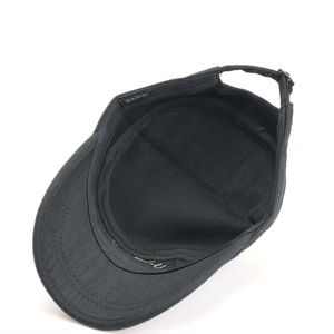 Detail view of cotton military cap interior showing sweatband and metal adjustment buckle