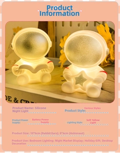 Detail of cute astronaut night lights with warm yellow glow and vinyl material finish