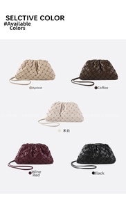 Detailed view of woven leather dumpling bags in five colors with slender shoulder straps
