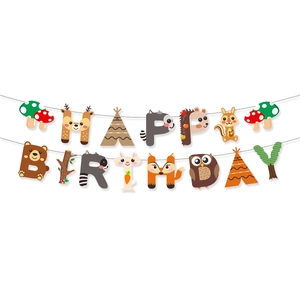 Forest animal themed Happy Birthday banner featuring cartoon deer, bear, and fox motifs