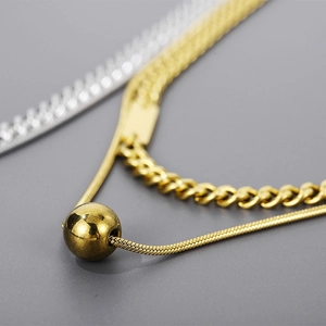 Collier Double Couche En Acier Inoxydable Chaîne Gourmette Et Serpent Avec Pendentif Carré Et Perle Ronde Bijoux Mixte