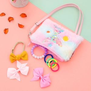 Rainbow plush mermaid tail shoulder bag for kids with matching bow hair accessories set