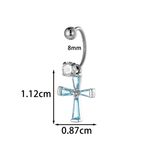 Surgical steel belly button ring with cross pendant featuring blue rectangle gemstones