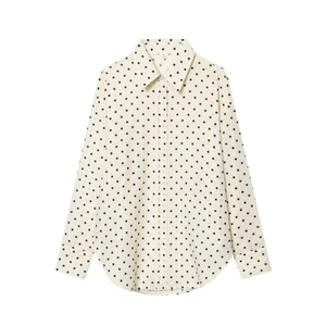 Polka Dot Long Sleeve Blouse Women Polyester Lapel Button Down Shirt Vintage Fashion Casual Top Curved Hem