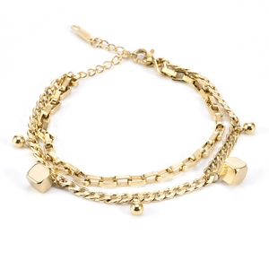 Double-layer golden stainless steel bracelet featuring geometric cubes and spherical beads