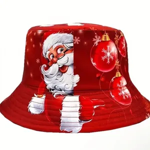 Red festive bucket hat with cartoon Santa Claus and snowflake prints for outdoor wear