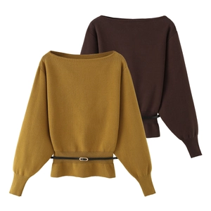 Women Off The Shoulder Knit Sweater Elegant Long Sleeve Boat Neck Pullover Top With Belt Ribbed Cuffs Solid Color