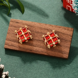 Elegant gold square earrings with red gems and crystal accents for festive fashion