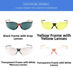 Detail view of four cycling glasses colors including black, yellow, and clear frames