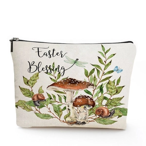 Detailed view of linen makeup bag with watercolor mushroom, butterfly, and snail prints
