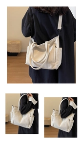Detail shots of off-white corduroy tote bag showing large capacity and side pockets