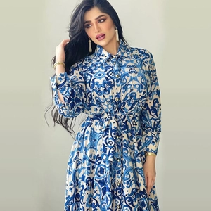 Women Cotton Polyester Long Sleeve Maxi Shirt Dress Lapel Button Up Waist Tie Majolica Porcelain Print Bohemian Elegant