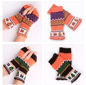 Detailed knit patterns of Christmas tree fingerless gloves in colorful yarn styles