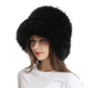 Women's black thick faux fox fur winter bucket hat with wide brim for warm insulation
