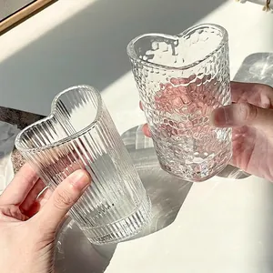 Heart Shaped Glass Cup Clear Ribbed Hammered Texture Creative Love Design Aesthetic Drinking Mug For Women Breakfast Home