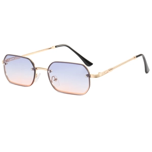 Frameless rectangle sunglasses with gradient purple lenses and gold metal spiral temples