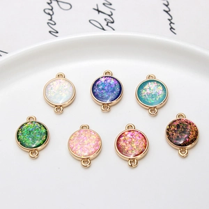 Round Copper Real Gold Plated Synthetic Opal Glitter Connector Charms For DIY Bracelet Earring Jewelry Making Accessories