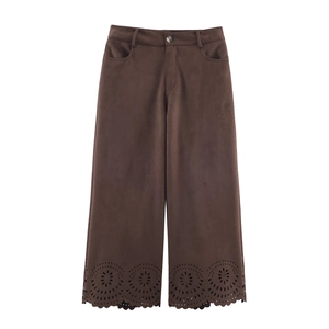 Women's dark brown faux suede wide-leg trousers with laser-cut hollow floral hem details